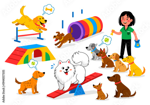 Happy dogs training and playing at an agility course with a trainer