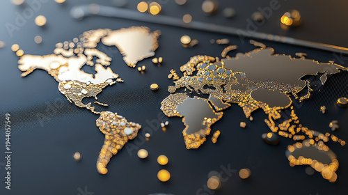 Golden world map with abstract design, representing global connections and economic standards, showcasing elegance