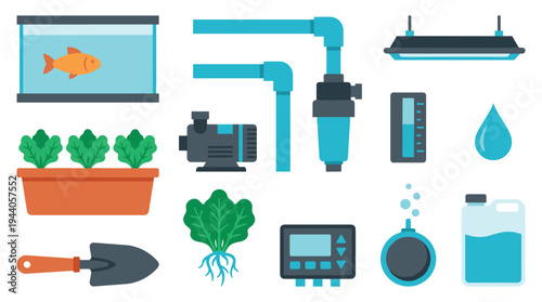 A collection of flat design icons illustrating the equipment and components used in an aquaponics or hydroponics system.