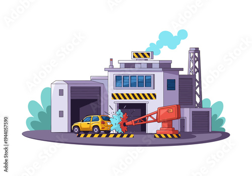 Cartoon factory crane crushing a yellow car with blue foam and debris flying everywhere