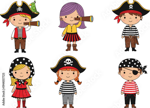 Cute little pirate kids characters collection wearing hats and eyepatches with parrot and telescope for seafaring adventures on white background.