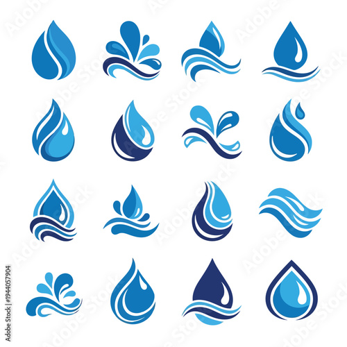 Elegant collection of water droplet icons in varying shades of blue Vector