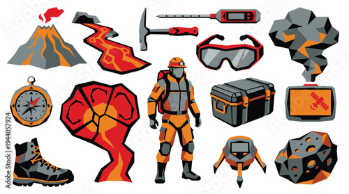 A diverse set of volcanology and geology equipment icons, including a researcher, volcano, and tools, isolated on a clean white background.