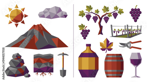 A split-panel illustration showcasing the connection between volcanic soil geology and the process of winemaking with corresponding low-poly icons.