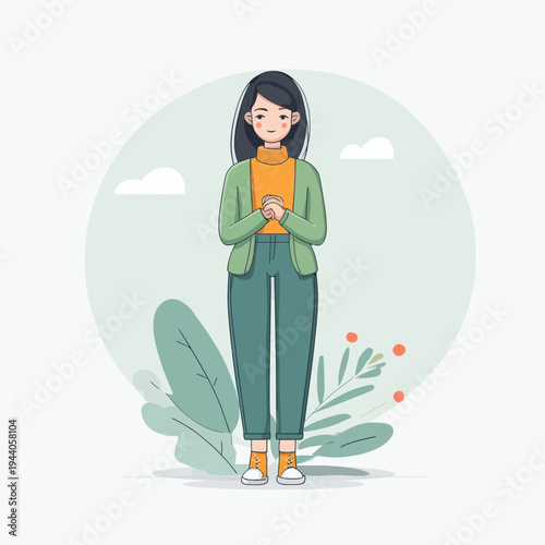 Woman Patiently Waiting Amidst Nature Illustration