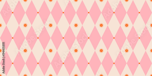Circus Harlequin Rhombus Seamless Pattern with Starburst. Cute geometric diamond background with star. Pink and orange repeat texture for print. Vector illustration art