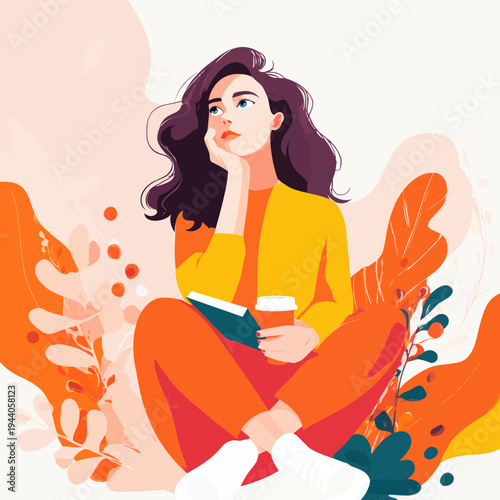 Woman Sitting Thoughtfully Reading Book With Coffee