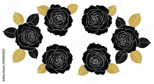 Elegant black roses with golden leaves decorative arrangement Vector