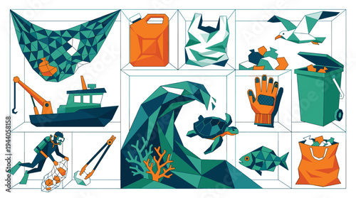 A nine-panel collage of low-poly illustrations depicting ocean pollution and cleanup activities, including plastic waste, marine life, and conservation efforts.