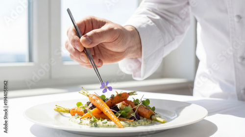 Chef plating elegant vegan carrots with edible flower in refined fine dining setting.