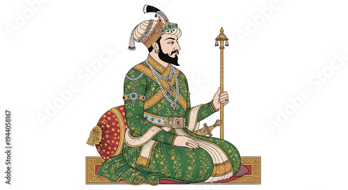 Colorful Digital Art Vector Illustration of Mughal Emperor Shah Jahan Sitting on Throne, Abstract Background