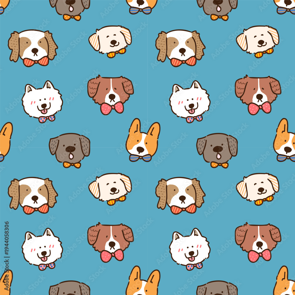 Fototapeta premium Seamless Pattern with Cute Cartoon Dog Face Design on Dark Blue Background. Hand Drawn Vector Illustration.