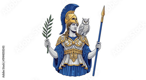 Greek Goddess Athena with Owl, Spear and Olive Branch – Ancient Mythology Warrior Illustration