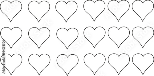 A collection of 16 hand drawn hearts on a white background