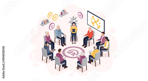 An isometric view of a diverse group of people participating in a group therapy session, sitting in a circle with a facilitator.