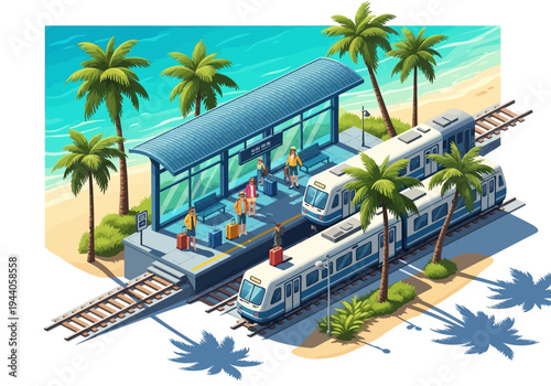 Coastal train station with palm trees and tropical beach scenery, people waiting for transportation