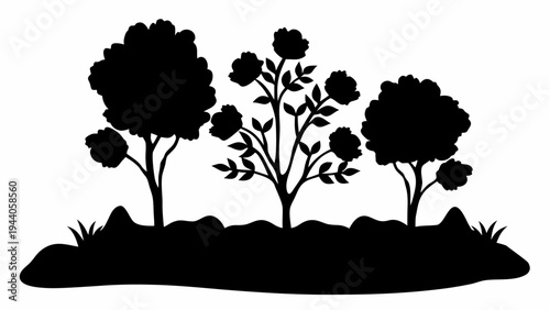 Serene garden landscape with blooming rose bushes and trees in silhouette on a white background