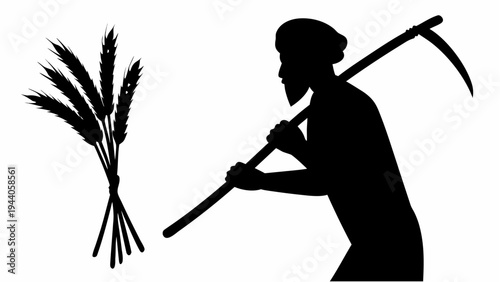 Sikh farmer harvesting wheat silhouette with scythe and bundle of wheat stalks on white background