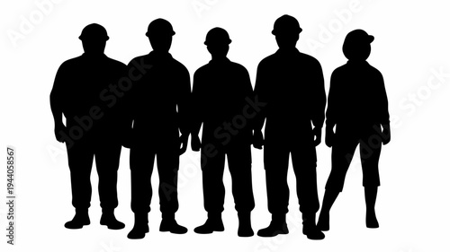 Diverse group of workers standing together in silhouette symbolizing unity and teamwork in a professional setting with a white background