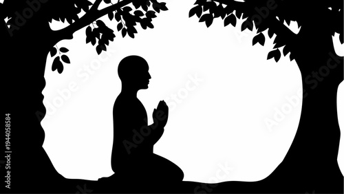 Person praying in serene garden silhouette under tree at sunset