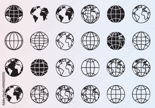 Collection of diverse globe icons in various styles and designs