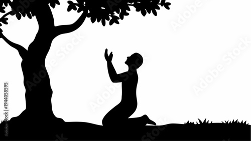 Person praying in serene garden under tree silhouette peaceful atmosphere and spirituality concept