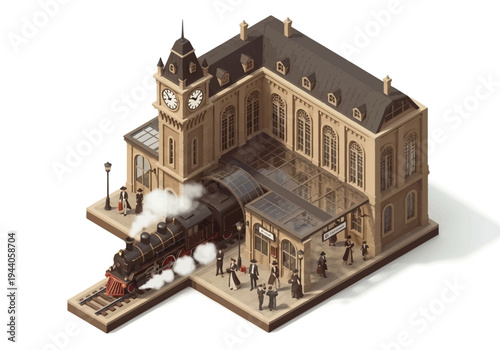 Vintage Steam Train Arriving at an Old-Fashioned Train Station with People