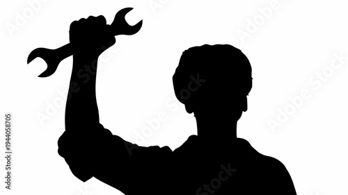 Worker silhouette raising fist with wrench symbolizing labor rights and industrial action on white background