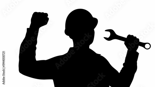 Silhouette of a worker raising fist with wrench symbolizing strength and empowerment in industry and labor