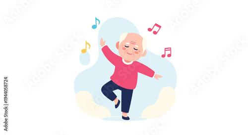 A joyful elderly man with white hair is happily dancing with his eyes closed, surrounded by colorful musical notes, illustrating an active and happy retirement.
