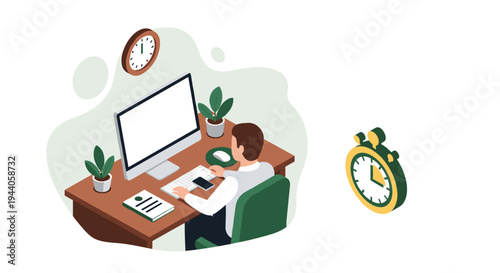 An isometric illustration of a man working at a computer desk with a clock and a stopwatch, representing time management, productivity, and deadlines in an office setting.