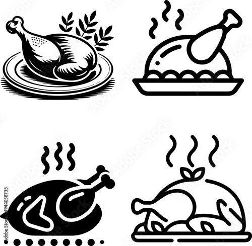Set of roasted chicken and turkey icons in black and white line art style