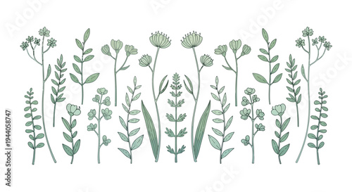 Elegant botanical illustration featuring a variety of delicate wildflowers and grasses. Vector