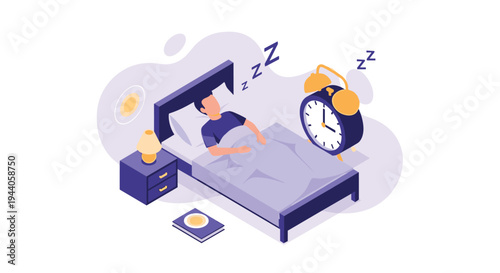Isometric illustration of a man sleeping soundly in his bed with an alarm clock and lamp, depicting a healthy sleep routine.