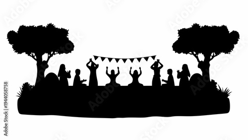 People gathering peacefully in a garden at dusk silhouetted against a white background with trees and bunting