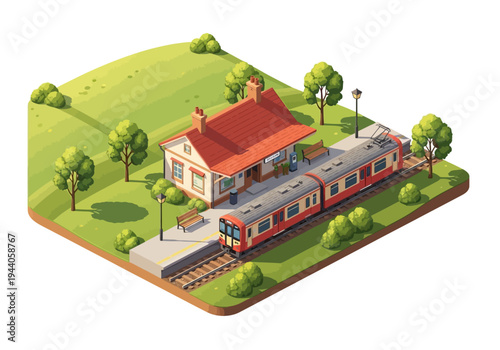 Isometric train station with a red and white train parked at the platform, surrounded by lush green scenery and trees