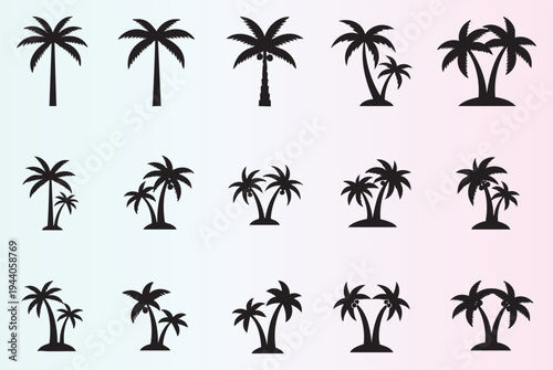 Collection of tropical palm tree icons isolated on transparent background