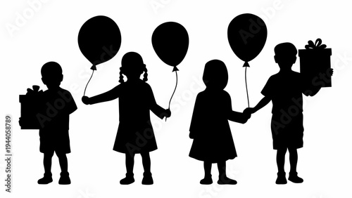 Silhouettes of children holding balloons and gifts on eid or a festive occasion with a white background