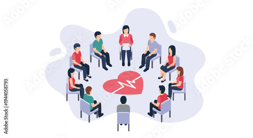 Isometric illustration of a diverse group of people sitting in a circle for a support group session focused on mental health.