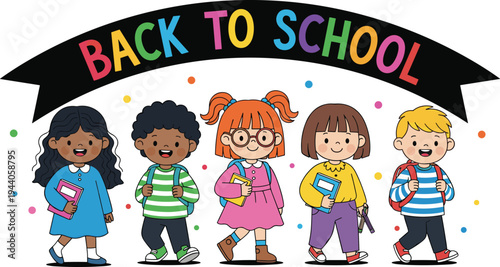 Diverse group of happy elementary students walking with backpacks and books under a colorful back to school banner on white background.
