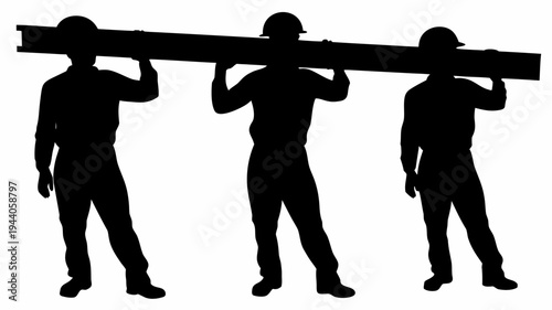 Three construction workers carrying a steel beam in silhouette against a white background