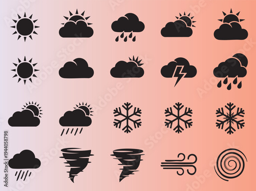 Collection of flat weather icons with various conditions and symbols