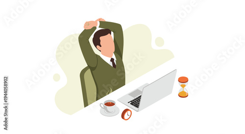 A man in a green sweater takes a break, stretching at his desk with a laptop, coffee cup, and hourglass in an isometric vector illustration.