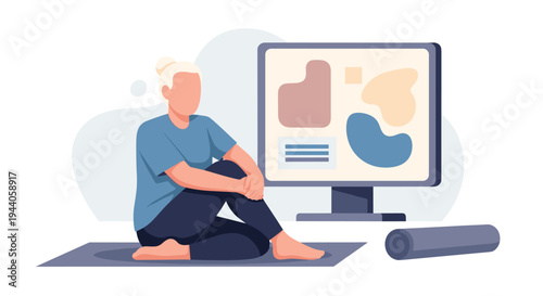 A woman practices yoga on a mat in front of a large computer monitor, following an online class in a modern flat vector illustration.
