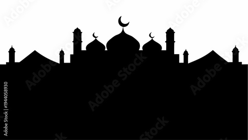 Mosque skyline silhouette with crescent moon islamic architecture religious symbol night sky black and white illustration ramadan eid al fitr faith spirituality cultural landmark