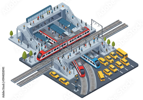 Urban transportation hub with high-speed trains, passenger walkways, and car parking