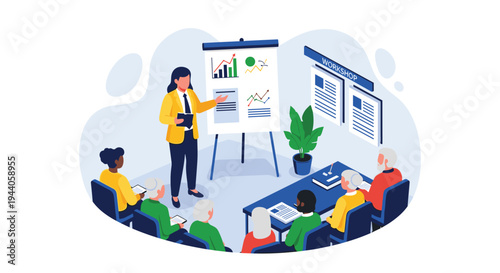 A female presenter conducts a workshop for a group of senior citizens, pointing to graphs on a flip chart in an isometric vector illustration.