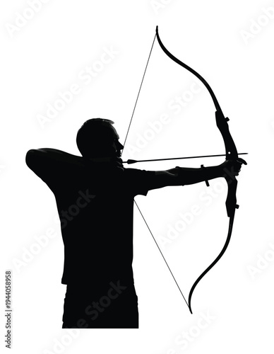 Silhouette of an archer holding a vector bow and arrow aiming at a target in the distance