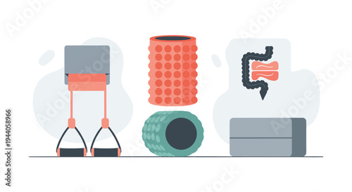 A collection of fitness equipment including a foam roller, massage ball, resistance band, and yoga block for health and wellness flat vector illustration.