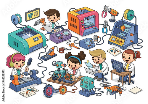 Children engaged in STEM activities with 3D printers, robots, and drones